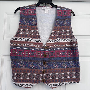 Vintage Women's Cape Isle Knitters Vest Size L Brown Blue Patterned